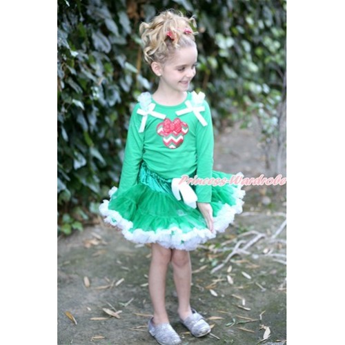 Kelly Green White Pettiskirt with Red White Green Wave Minnie Print Kelly Green Long Sleeves Top with White Ruffles and White Bow MW414 
