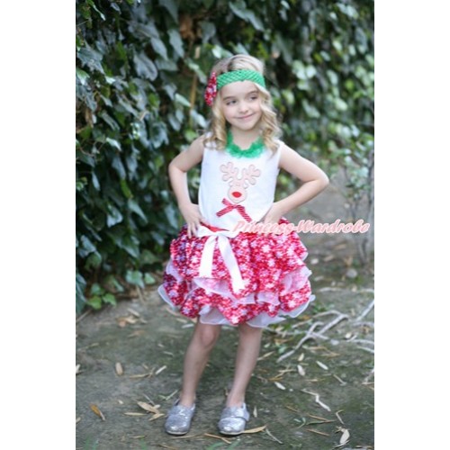 Xmas White Tank Top With Kelly Green Chiffon Lacing & Christmas Reindeer Print & Minnie Dots Bow With White Bow Red Snowflakes White Petal Pettiskirt MG864 