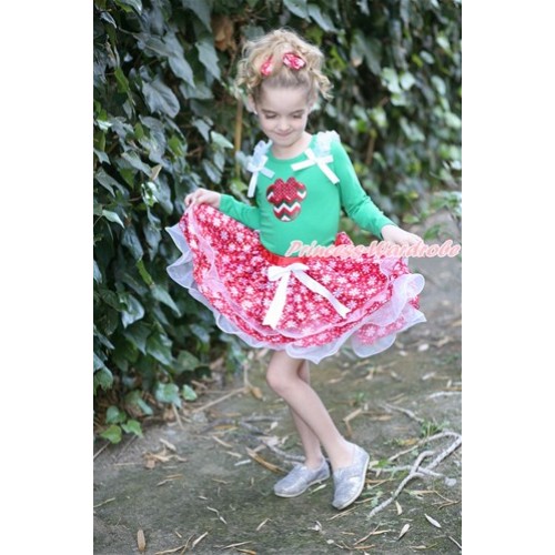 White Bow Red Snowflakes White Petal Pettiskirt with Matching Kelly Green Long Sleeve Top with White Ruffles & White Bow & Red White Green Wave Minnie Print MW415 