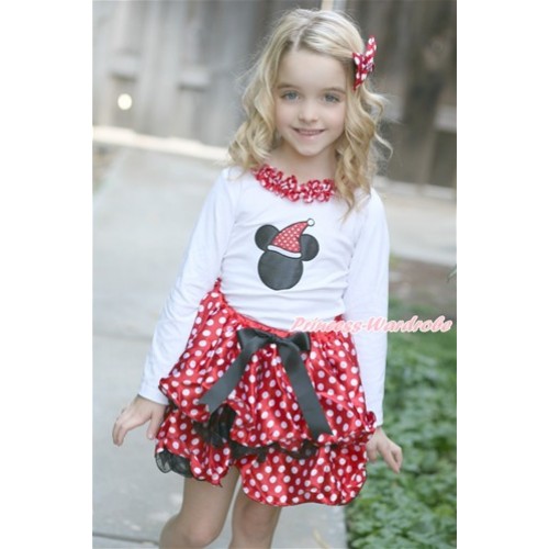 Xmas Black Bow Minne Dots Black Petal Pettiskirt with Matching White Long Sleeve Top with Minnie Dots Satin Lacing & Christmas Minnie Print MW417 