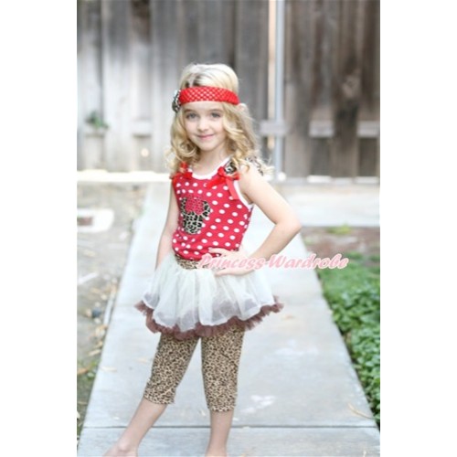 Minnie Dots Tank Top With Leopard Minnie With Leopard Ruffles & Red Bow With White Brown Pettiskirt Matching Leopard Leggings Culottes High Elastic Pant Twinset P009 