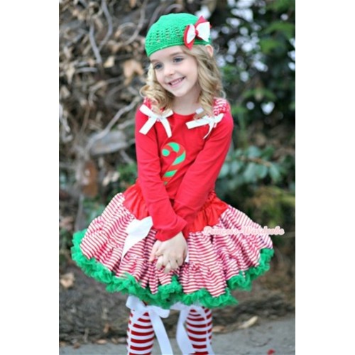 Red White Striped mix Christmas Green with Matching Christmas Stick Print Red Long Sleeves Top with Red White Striped Ruffles & White Bow & Red White Striped Leg Warmers with White Bow MB27 