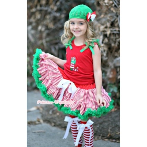 Red White Striped mix Christmas Pettiskirt & Christmas Stocking Print Red Tank Top with Kelly Green Ruffles and Kelly Green Bow & Red White Striped Leg Warmer with White Bow CM123 