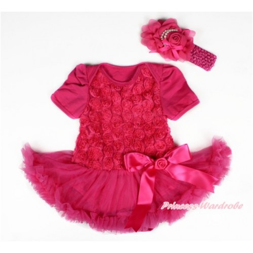 Valentine's Day Hot Pink Romantic Rose Baby Bodysuit Jumpsuit Hot Pink Pettiskirt & Hot Pink Bow With Hot Pink Headband Hot Pink Chiffon Roes  JS2454 