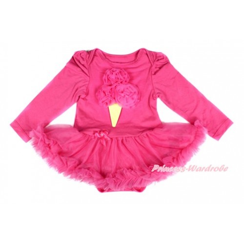 Hot Pink Long Sleeve Baby Bodysuit Jumpsuit Hot Pink Pettiskirt With Hot Pink Rosettes Ice Cream Print JS2463 