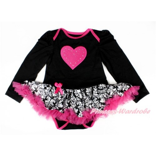 Black Long Sleeve Baby Bodysuit Jumpsuit Damask Hot Pink Pettiskirt With Hot Pink Heart Print JS2497 