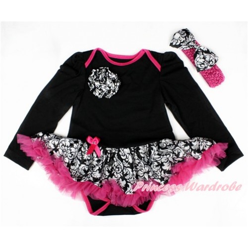 Black Long Sleeve Baby Jumpsuit Damask Hot Pink Pettiskirt With One Damask Rose With Hot Pink Headband Damask Satin Bow JS2509 
