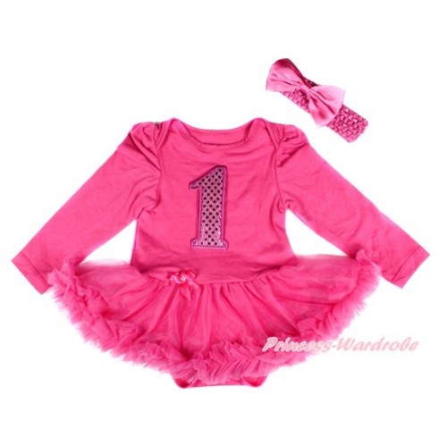 Hot Pink Long Sleeve Baby Bodysuit Jumpsuit Hot Pink Pettiskirt With 1st Sparkle Hot Pink Birthday Number Print & Hot Pink Headband Hot Pink Satin Bow JS2512 