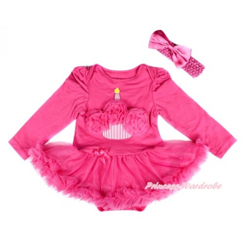 Hot Pink Long Sleeve Baby Bodysuit Jumpsuit Hot Pink Pettiskirt With Hot Pink Rosettes Birthday Cake Print & Hot Pink Headband Hot Pink Satin Bow JS2513 