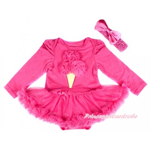Hot Pink Long Sleeve Baby Bodysuit Jumpsuit Hot Pink Pettiskirt With Hot Pink Rosettes Ice Cream Print & Hot Pink Headband Hot Pink Satin Bow JS2514 
