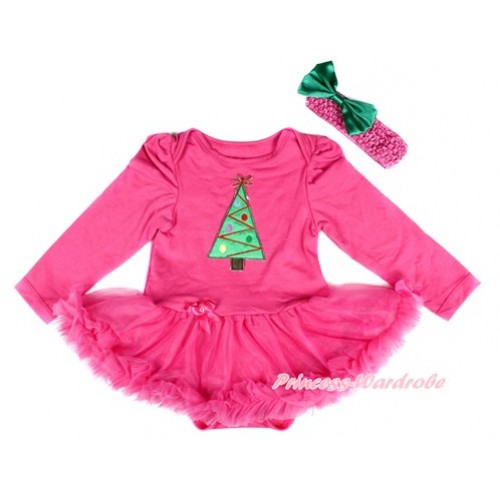 Xmas Hot Pink Long Sleeve Baby Bodysuit Jumpsuit Hot Pink Pettiskirt With Christmas Tree Print & Hot Pink Headband Kelly Green Satin Bow JS2521 