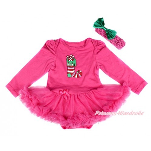 Xmas Hot Pink Long Sleeve Baby Bodysuit Jumpsuit Hot Pink Pettiskirt With Christmas Stocking Print & Hot Pink Headband Kelly Green Satin Bow JS2522 