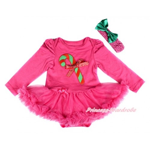 Xmas Hot Pink Long Sleeve Baby Bodysuit Jumpsuit Hot Pink Pettiskirt With Christmas Stick & Minnie Dots Bow Print & Hot Pink Headband Kelly Green Satin Bow JS2523 