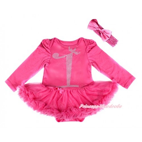 Xmas Hot Pink Long Sleeve Baby Bodysuit Jumpsuit Hot Pink Pettiskirt With 1st Sparkle Crystal Bling Rhinestone Birthday Number Print & Hot Pink Headband Hot Pink Satin Bow JS2525 