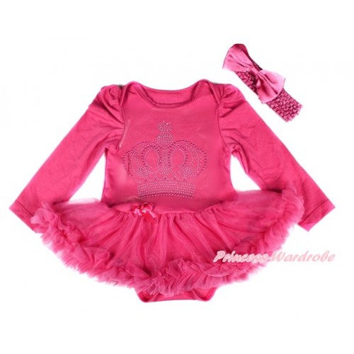 Xmas Hot Pink Long Sleeve Baby Bodysuit Jumpsuit Hot Pink Pettiskirt With Sparkle Crystal Bling Rhinestone Crown Print & Hot Pink Headband Hot Pink Satin Bow JS2527 