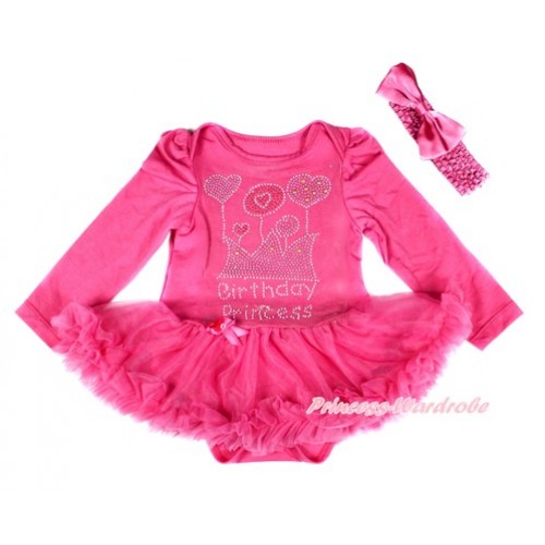 Xmas Hot Pink Long Sleeve Baby Bodysuit Jumpsuit Hot Pink Pettiskirt With Sparkle Crystal Bling Rhinestone Birthday Princess Print & Hot Pink Headband Hot Pink Satin Bow JS2528 