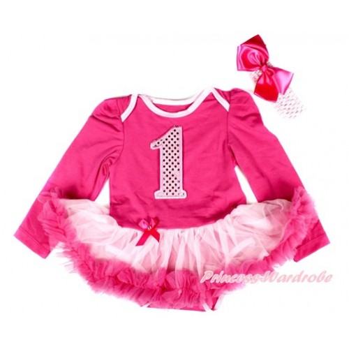 Hot Pink Long Sleeve Baby Bodysuit Jumpsuit Light Hot Pink Pettiskirt With 1st Sparkle Light Pink Birthday Number Print & Light Pink Headband Hot Pink Silk Bow JS2531 