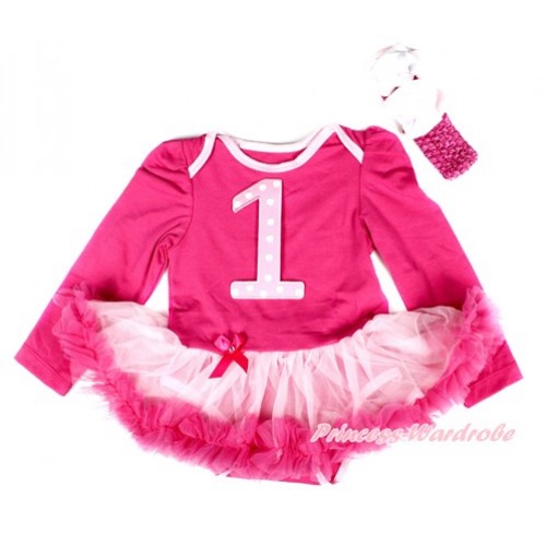 Hot Pink Long Sleeve Baby Bodysuit Jumpsuit Light Hot Pink Pettiskirt With 1st Light Pink White Dots Birthday Number Print & Hot Pink Headband White Light Pink White Dots Ribbon Bow JS2532 