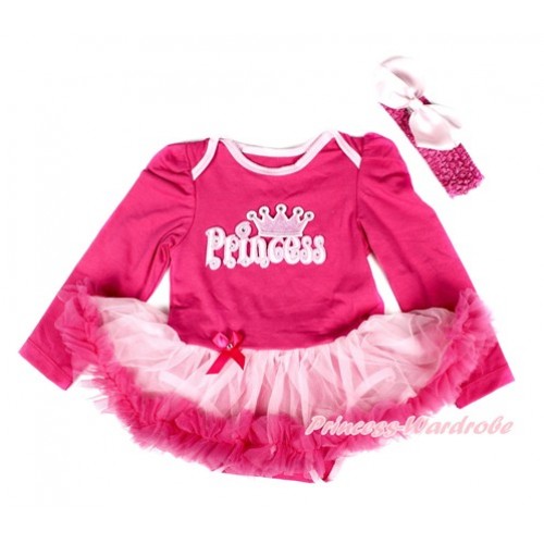 Hot Pink Long Sleeve Baby Bodysuit Jumpsuit Light Hot Pink Pettiskirt With Princess Print & Hot Pink Headband Light Pink Silk Bow JS2535 