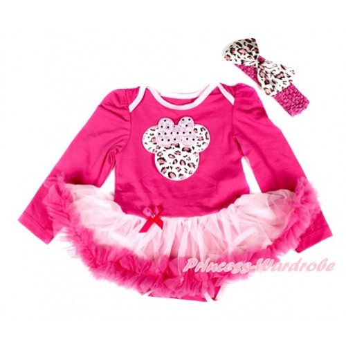 Hot Pink Long Sleeve Baby Bodysuit Jumpsuit Light Hot Pink Pettiskirt With Light Pink Leopard Minnie Print & Hot Pink Headband Light Pink Leopard Silk Bow JS2536 