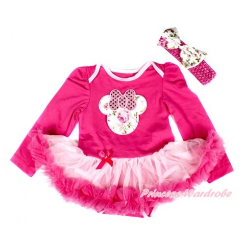 Hot Pink Long Sleeve Baby Bodysuit Jumpsuit Light Hot Pink Pettiskirt With Light Pink Rose Minnie Print & Hot Pink Headband Light Pink Rose Fusion Satin Bow JS2537 