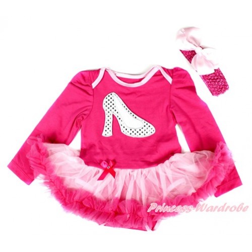 Hot Pink Long Sleeve Baby Bodysuit Jumpsuit Light Hot Pink Pettiskirt With Sparkle White High Heel Shoes Print & Hot Pink Headband Light Pink Silk Bow JS2540 