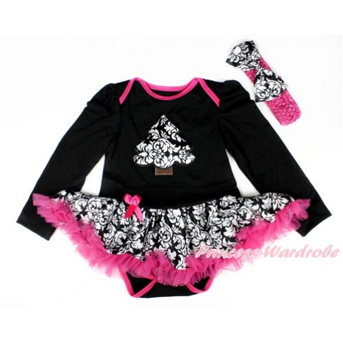 Xmas Black Long Sleeve Baby Bodysuit Jumpsuit Damask Hot Pink Pettiskirt With Damask Christmas Tree Print & Hot Pink Headband Damask Satin Bow JS2541 