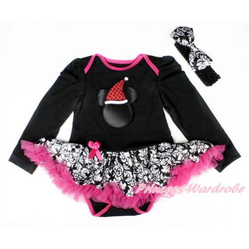 Xmas Black Long Sleeve Baby Bodysuit Jumpsuit Damask Hot Pink Pettiskirt With Christmas Minnie Print & Black Headband Damask Satin Bow JS2550 
