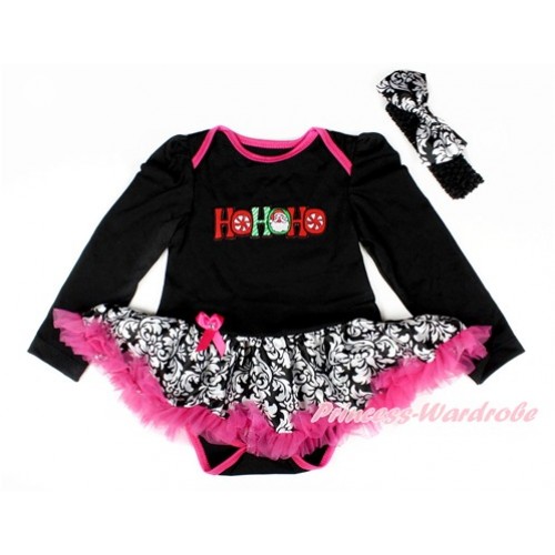Xmas Black Long Sleeve Baby Bodysuit Jumpsuit Damask Hot Pink Pettiskirt With HOHOHO Santa Claus Print & Black Headband Damask Satin Bow JS2551 
