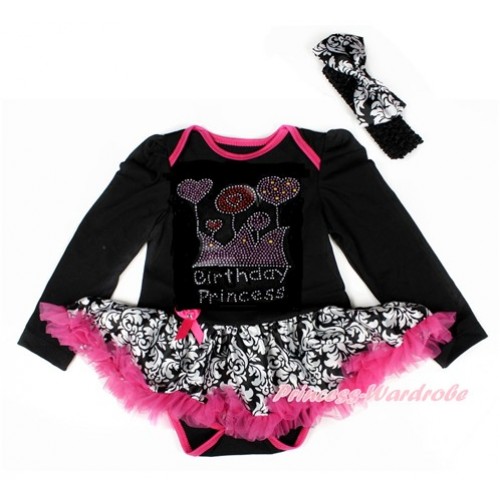 Xmas Black Long Sleeve Baby Bodysuit Jumpsuit Damask Hot Pink Pettiskirt With Sparkle Crystal Bling Rhinestone Birthday Princess Print & Black Headband Damask Satin Bow JS2553 
