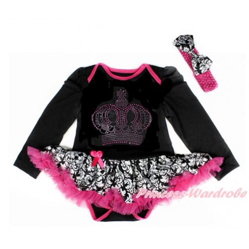 Xmas Black Long Sleeve Baby Bodysuit Jumpsuit Damask Hot Pink Pettiskirt With Sparkle Crystal Bling Rhinestone Crown Print & Hot Pink Headband Damask Satin Bow JS2554 