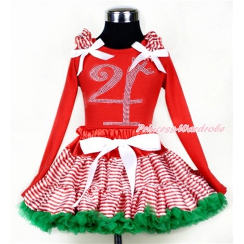 XmasRed White Striped mix Christmas Green Pettiskirt with 4th Sparkle Crystal Bling Rhinestone Birthday Number Print Red Long Sleeves Top with Red White Striped Ruffles and White Bow MB39 