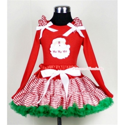 Red White Striped mix Christmas Green Pettiskirt with Santa Claus Print Red Long Sleeves Top with Red White Striped Ruffles and White Bow MB22 