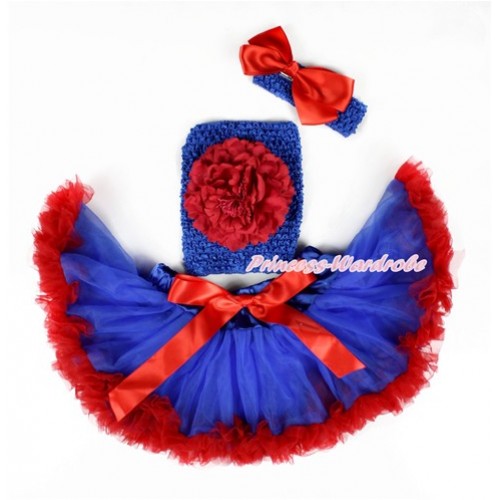 Royal Blue Red Mixed Baby Pettiskirt, Red Peony Royal Blue Crochet Tube Top,Royal Blue Headband Red Silk Bow 3PC Set CT665 