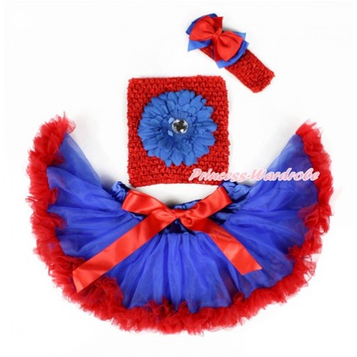 Royal Blue Red Mixed Baby Pettiskirt, Royal Blue Flower Red Crochet Tube Top,Red Headband Red Royal Blue Ribbon Bow 3PC Set CT666 