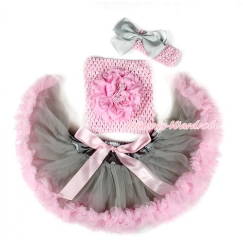 Grey Light Pink Mixed Baby Pettiskirt, Light Pink Peony Light Pink Crochet Tube Top,Light Pink Headband Grey Silk Bow 3PC Set CT667 