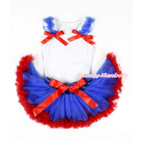 White Baby Pettitop & Royal Blue Ruffles & Red Bows with Royal Blue Red Newborn Pettiskirt NG1310 