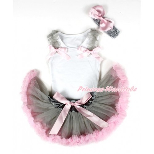 White Baby Pettitop & Grey Ruffles & Light Pink Bow with Grey Light Pink Newborn Pettiskirt With Grey Headband Light Pink Silk Bow NG1313 