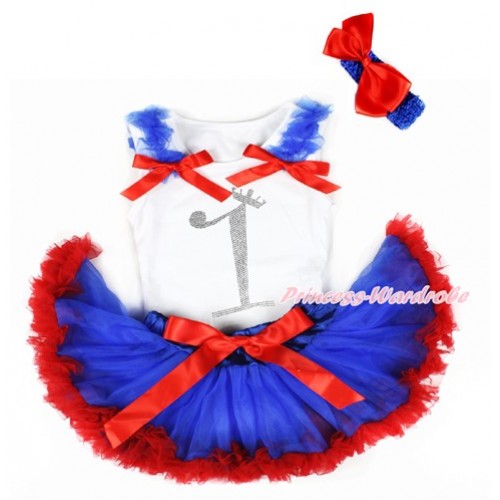 Xmas White Baby Pettitop with 1st Sparkle Crystal Bling Rhinestone Birthday Number Print with Royal Blue Ruffles & Red Bows & Royal Blue Red Newborn Pettiskirt With Royal Blue Headband Red Silk Bow NG1314 
