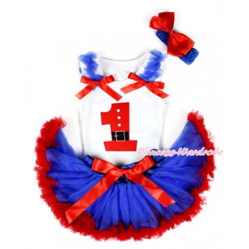 Xmas White Baby Pettitop with 1st Santa Claus Birthday Number Print with Royal Blue Ruffles & Red Bows & Royal Blue Red Newborn Pettiskirt With Royal Blue Headband Red Silk Bow NG1315 