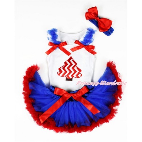 Xmas White Baby Pettitop with Red White Wave Christmas Tree Print with Royal Blue Ruffles & Red Bows & Royal Blue Red Newborn Pettiskirt With Royal Blue Headband Red Silk Bow NG1315 