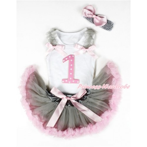 White Baby Pettitop with 1st Light Pink White Dots Birthday Number Print with Grey Ruffles & Light Pink Bows & Grey Light Pink Newborn Pettiskirt With Grey Headband Light Pink Silk Bow NG1321 