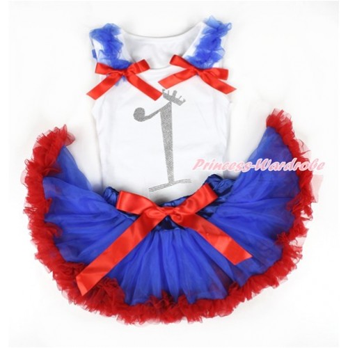 Xmas White Baby Pettitop with 1st Sparkle Crystal Bling Rhinestone Birthday Number Print with Royal Blue Ruffles & Red Bows with Royal Blue Red Newborn Pettiskirt NN96 
