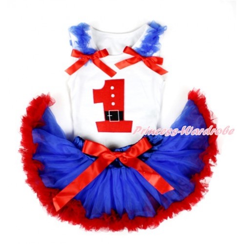 Xmas White Baby Pettitop with 1st Santa Claus Birthday Number Print with Royal Blue Ruffles & Red Bows with Royal Blue Red Newborn Pettiskirt NN97 