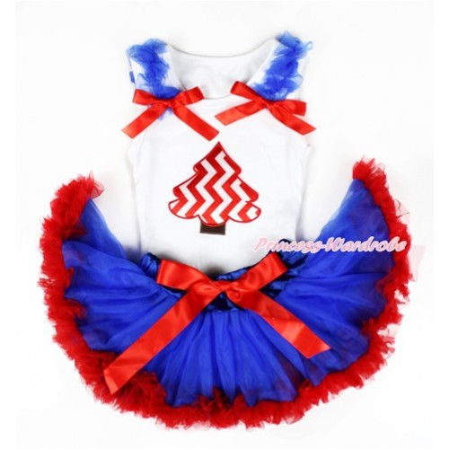 Xmas White Baby Pettitop with Red White Wave Christmas Tree Print with Royal Blue Ruffles & Red Bows with Royal Blue Red Newborn Pettiskirt NN98 