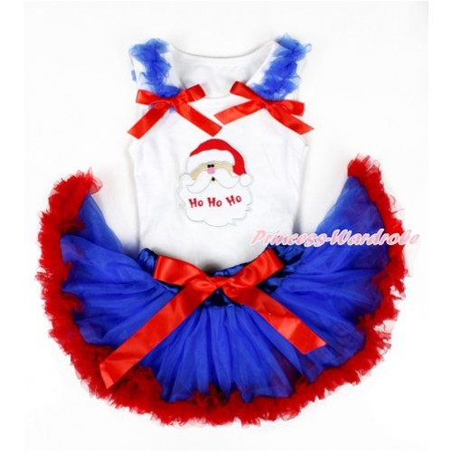 Xmas White Baby Pettitop with Santa Claus Print with Royal Blue Ruffles & Red Bows with Royal Blue Red Newborn Pettiskirt NN101 