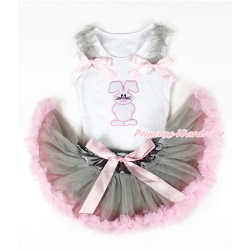 White Baby Pettitop with Bunny Rabbit Print with Grey Ruffles & Light Pink Bows with Grey Light Pink Newborn Pettiskirt NN102 