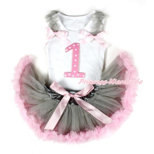 White Baby Pettitop with 1st Light Pink White Dots Birthday Number Print with Grey Ruffles & Light Pink Bows with Grey Light Pink Newborn Pettiskirt NN103 