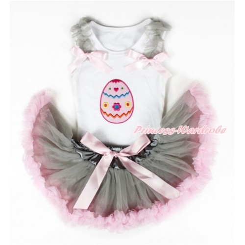 White Baby Pettitop with Easter Egg Print with Grey Ruffles & Light Pink Bows with Grey Light Pink Newborn Pettiskirt NN104 