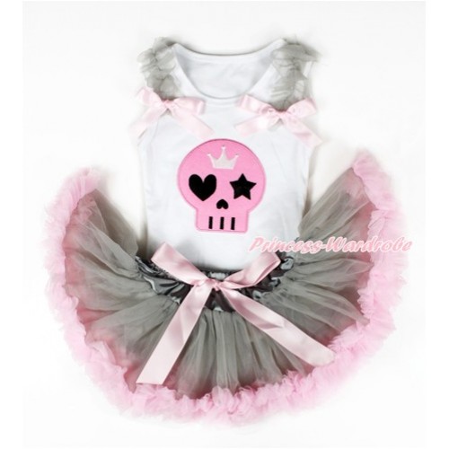 White Baby Pettitop with Light Pink Skeleton Print with Grey Ruffles & Light Pink Bows with Grey Light Pink Newborn Pettiskirt NN105 